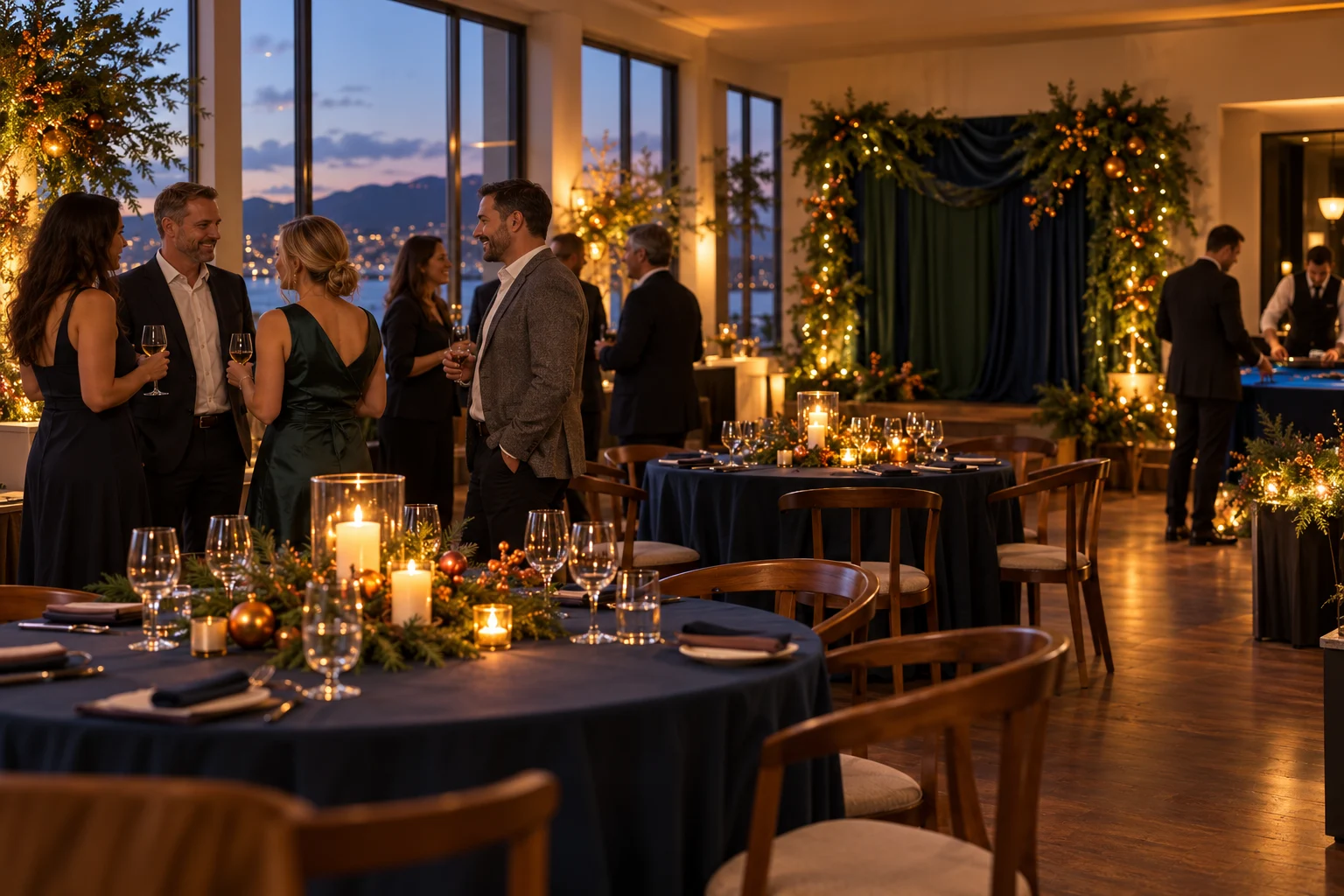 Seasonal greenery and lights in a small corporate celebration space