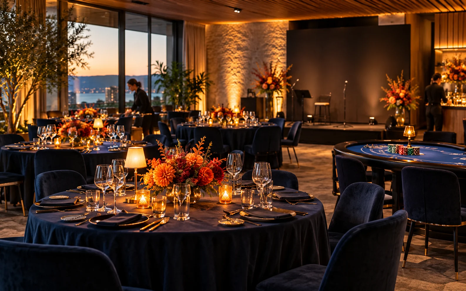 A warm, intimate event room with considered table styling