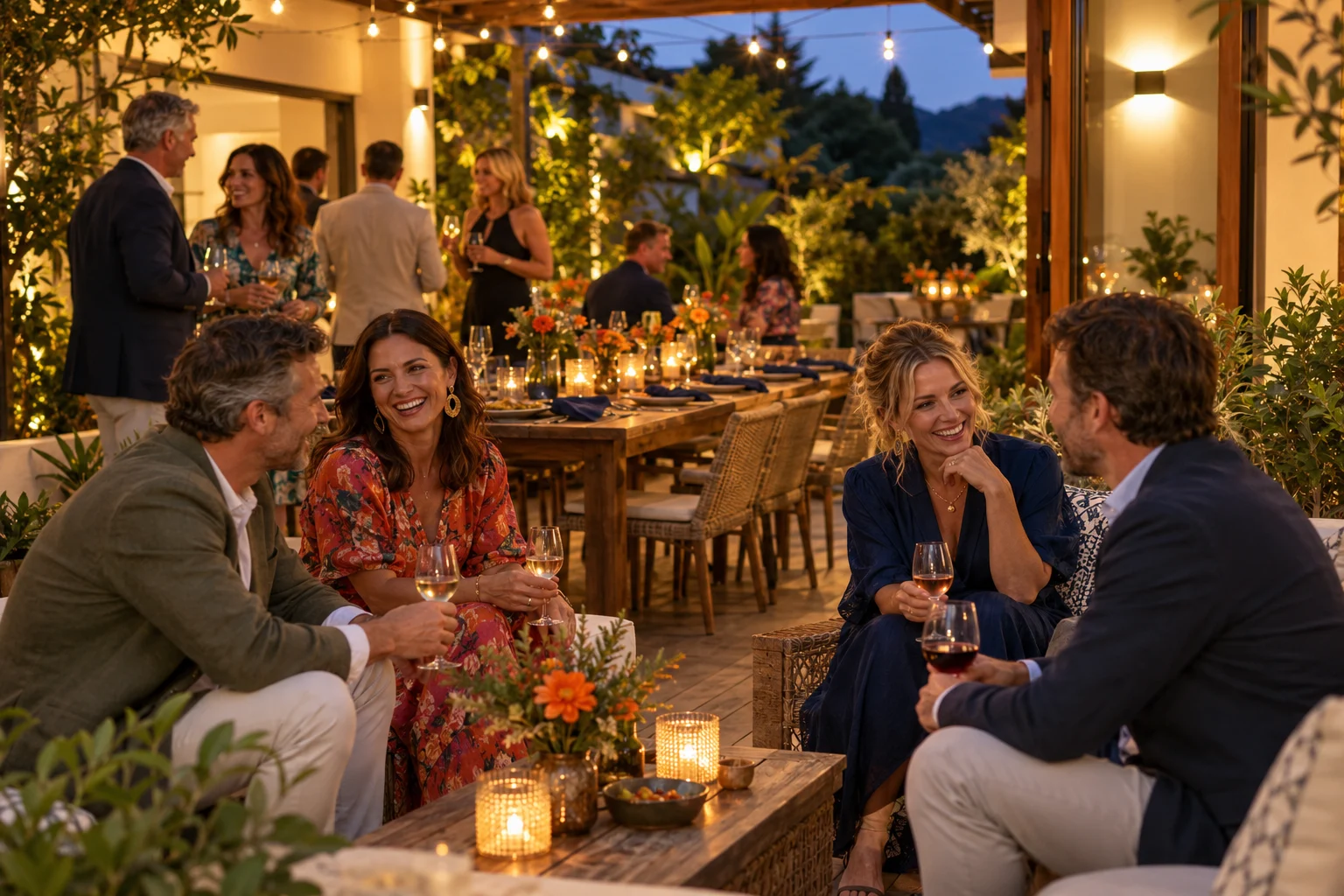 Adults enjoying a garden celebration under warm festoon lights