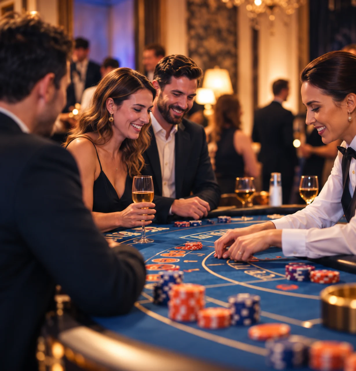 A host introducing a blue-felt casino-themed table to guests