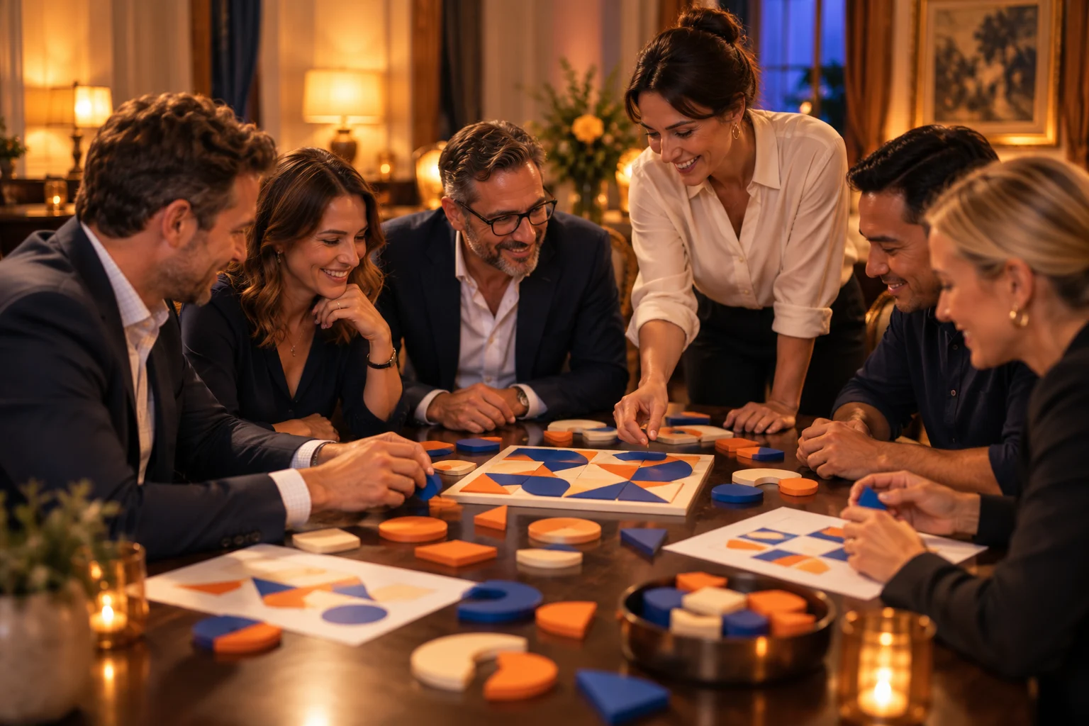 Colleagues working together on a colourful tabletop puzzle